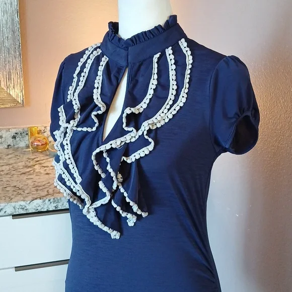 Navy Blue Ruffled Cut Out Blouse with Mandarin Collar size M - Picture 3 of 8